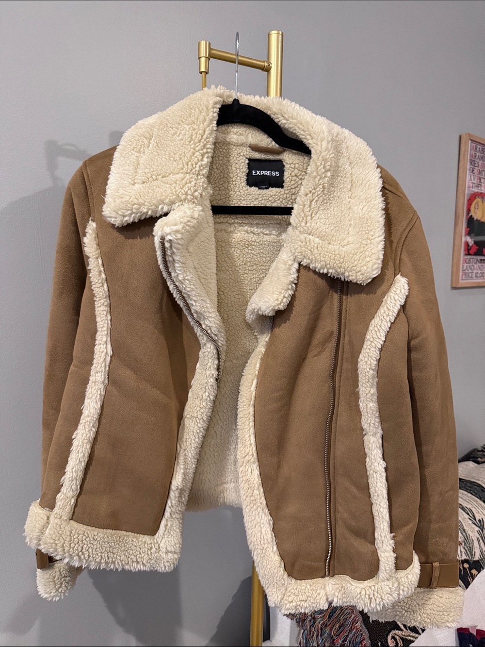 Express Tan Faux-Suede Sherpa Jacket with Cream Trim